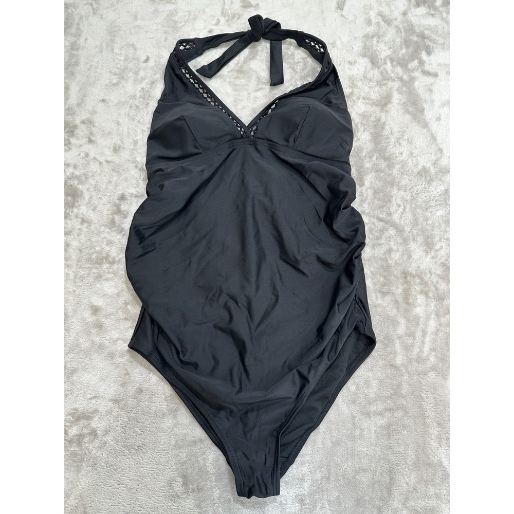 Pink Blush One Piece Bathing Suit Size Small Black Halter Tie V Neck NWOT